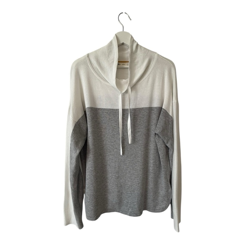 OVLA Colorblock Funnel Neck Drawstring Sweater Grey White Pullover Cozy Lounge